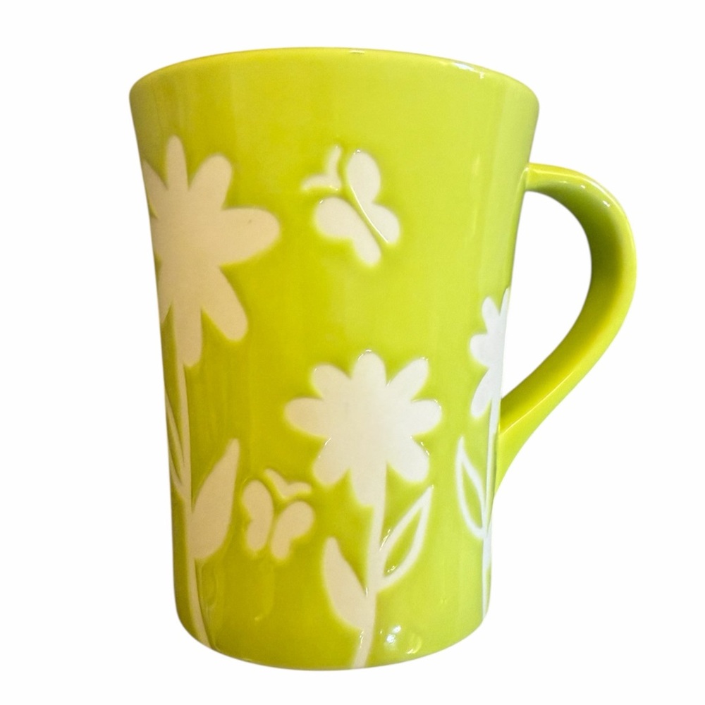 Starbucks Lime Green Spring Ceramic Coffee Mug Flowers & Bitterflys